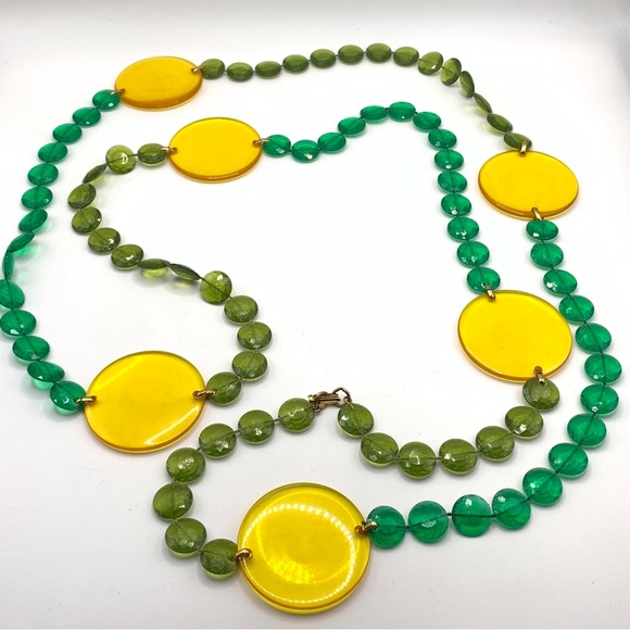 Vintage Jewelry - Colorful Vintage Long Yellow and Green Lucite Beaded Necklace W/ Fold over clasp